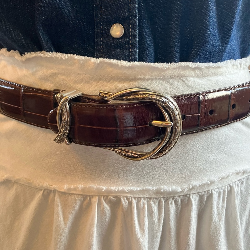 Italian leather silver buckle belt. Western, office or casual.